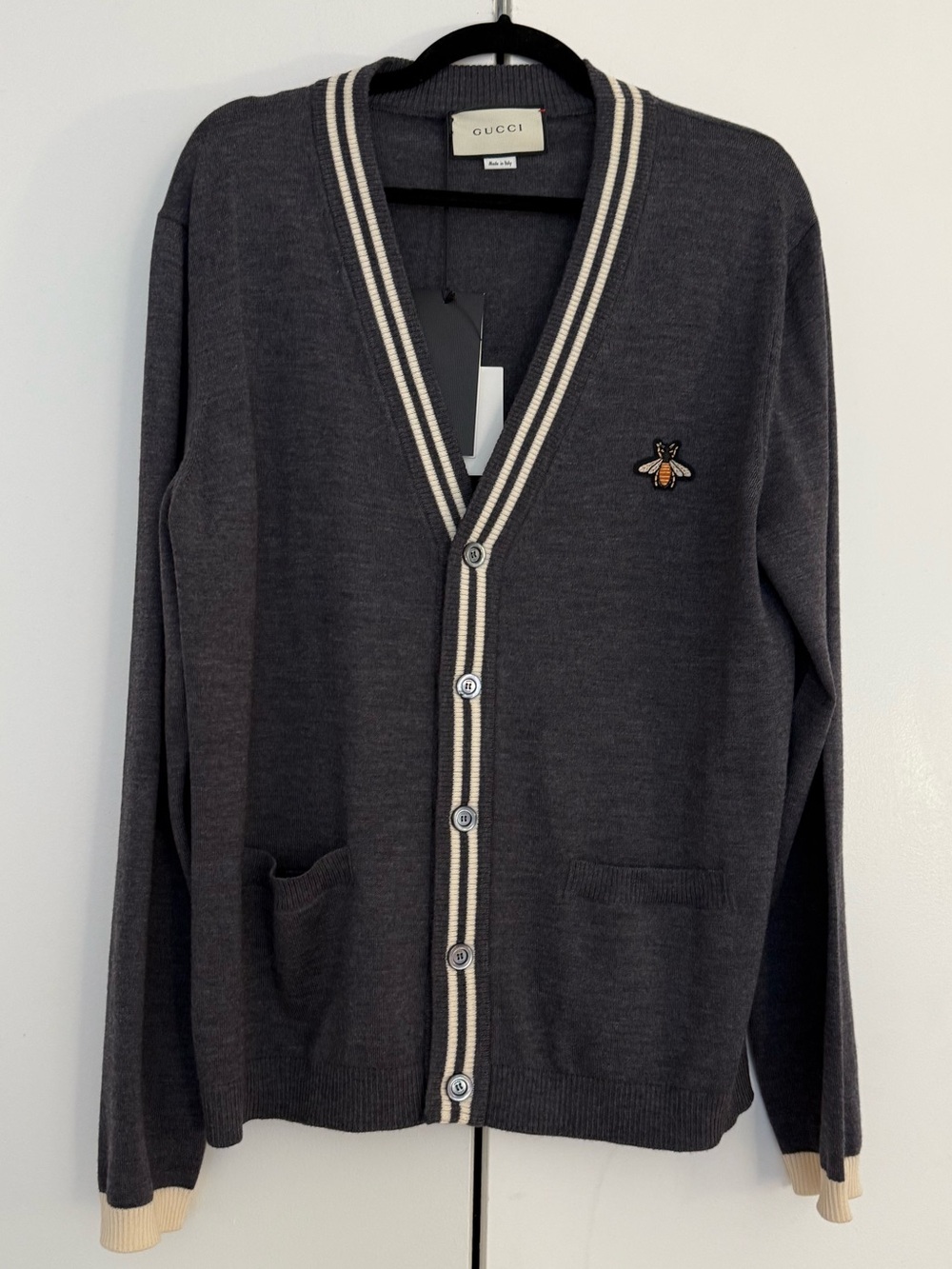 Gucci Dark Gray Men's V-Neck Cardigan with Bee Patch